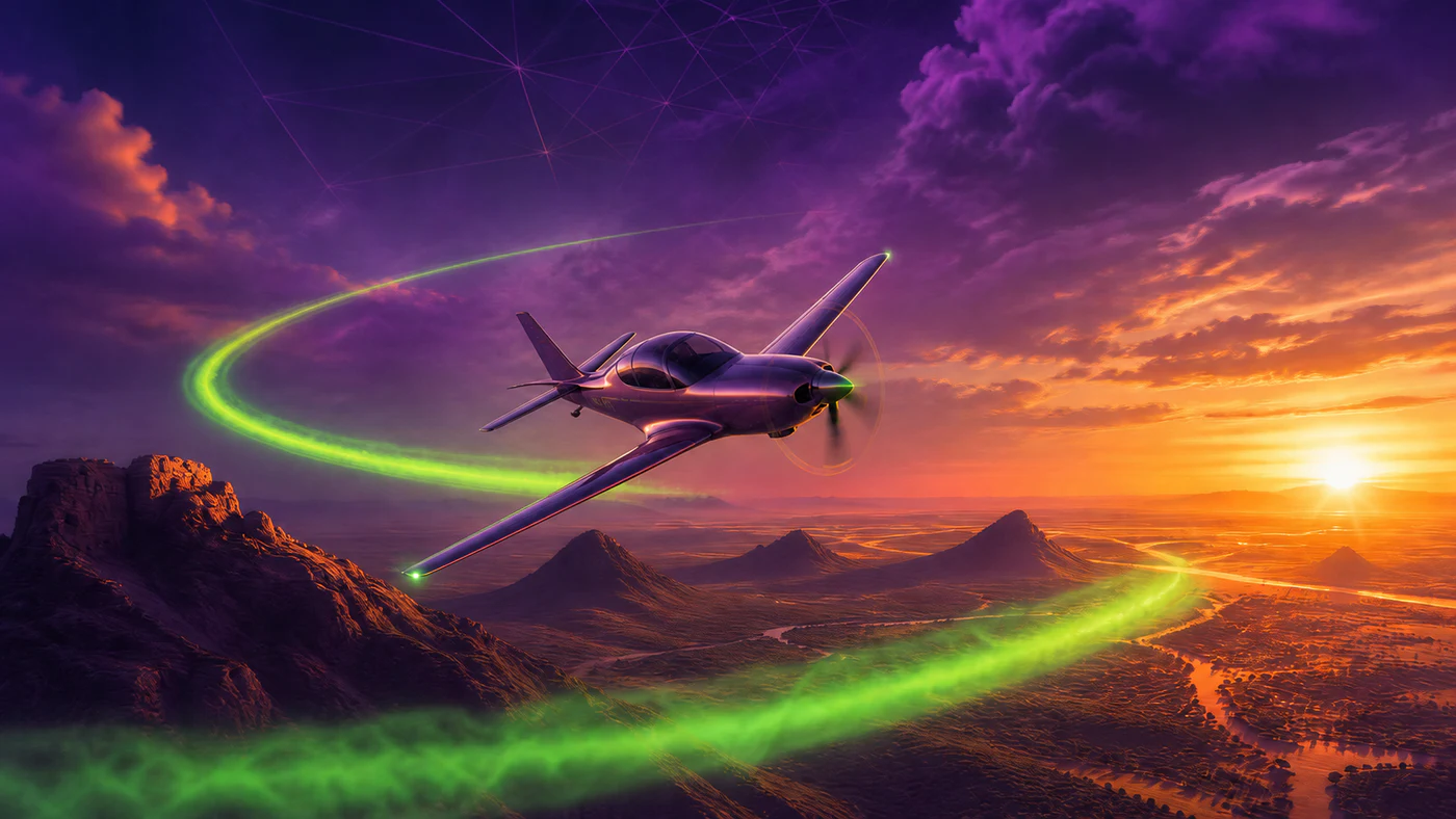 Arcade aircraft following a green flight path over mountains at sunset