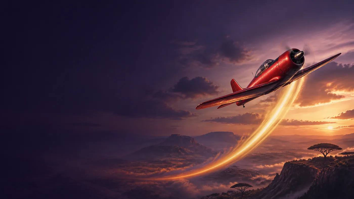 Red propeller aircraft climbing over a purple Zambia-inspired landscape