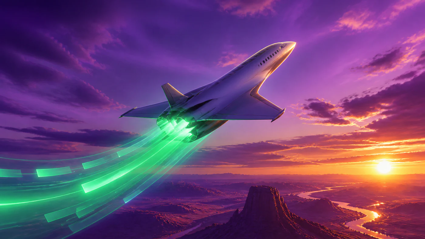 Custom aeroplane climbing above copper and emerald clouds