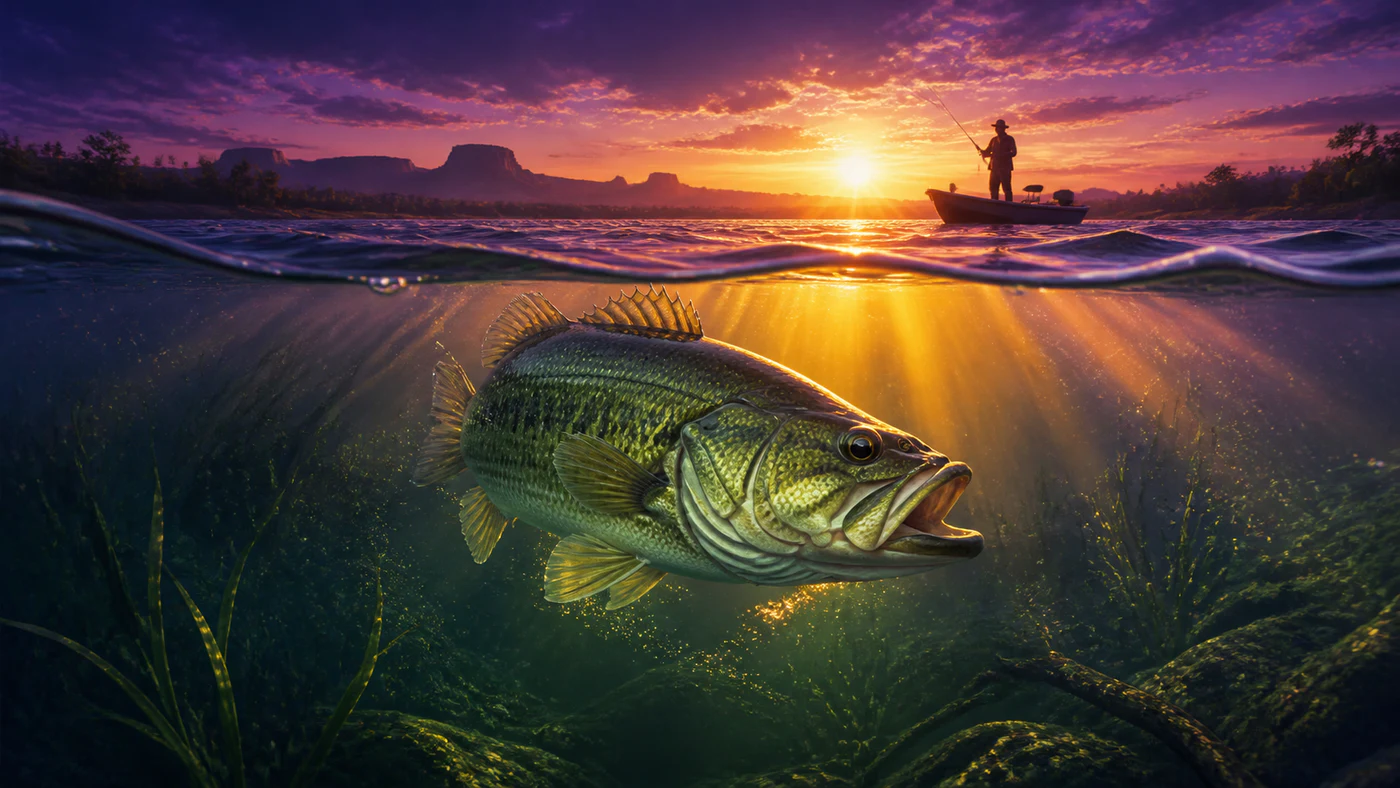 Large fish below the water with an angler silhouetted on a boat