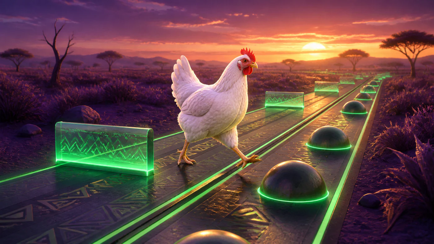 White chicken crossing a glowing obstacle road at sunset