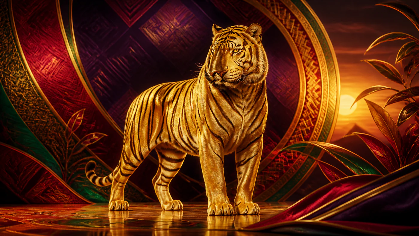 Golden tiger inside a red and green geometric jungle frame