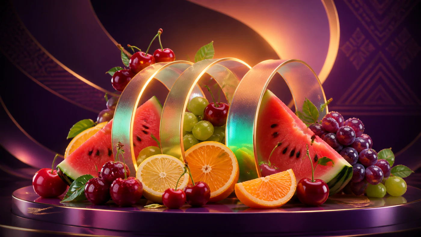 Neon fruit symbols and red sevens glowing across five reels