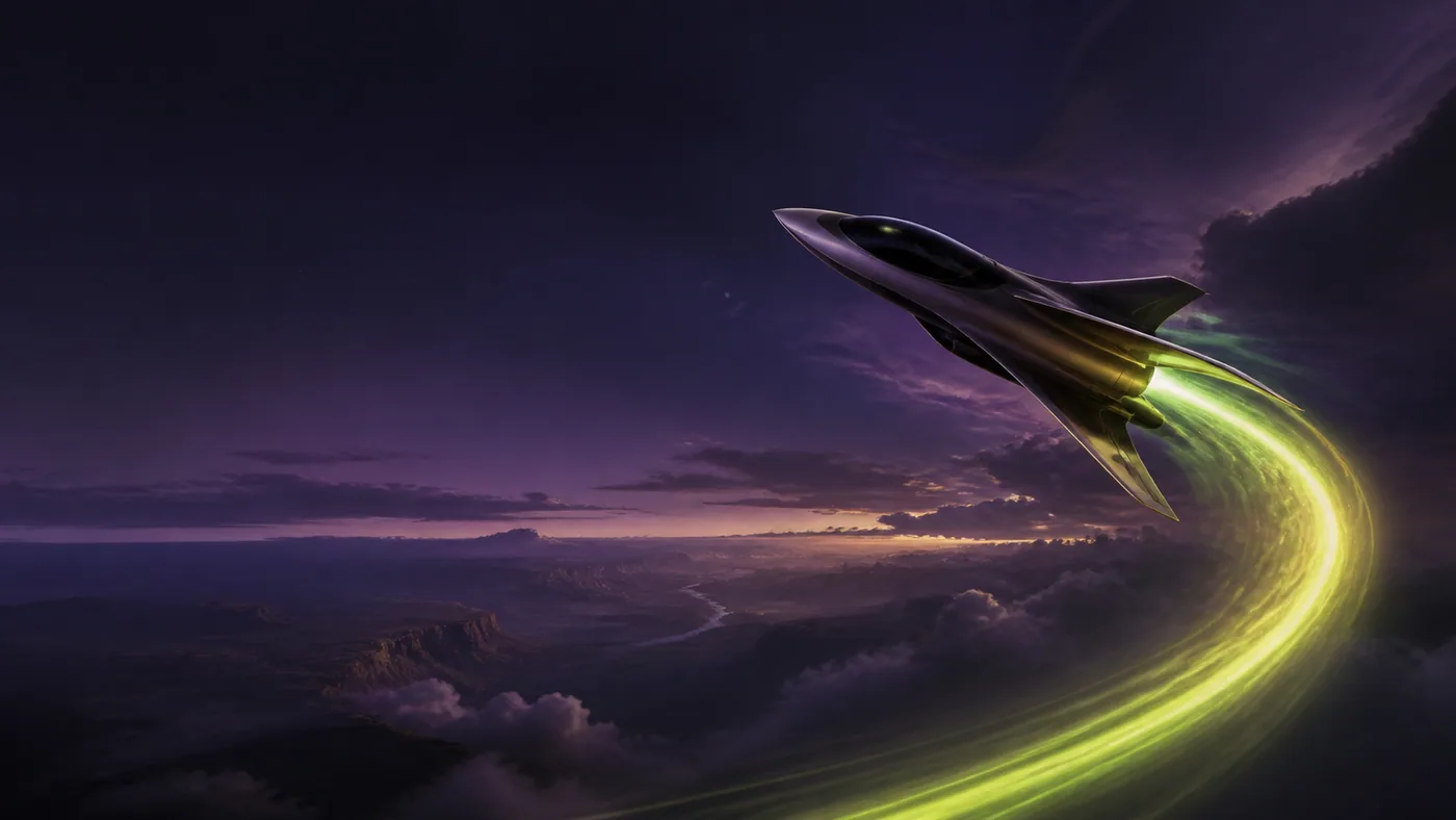 Futuristic jet climbing along a green luminous arc at dusk