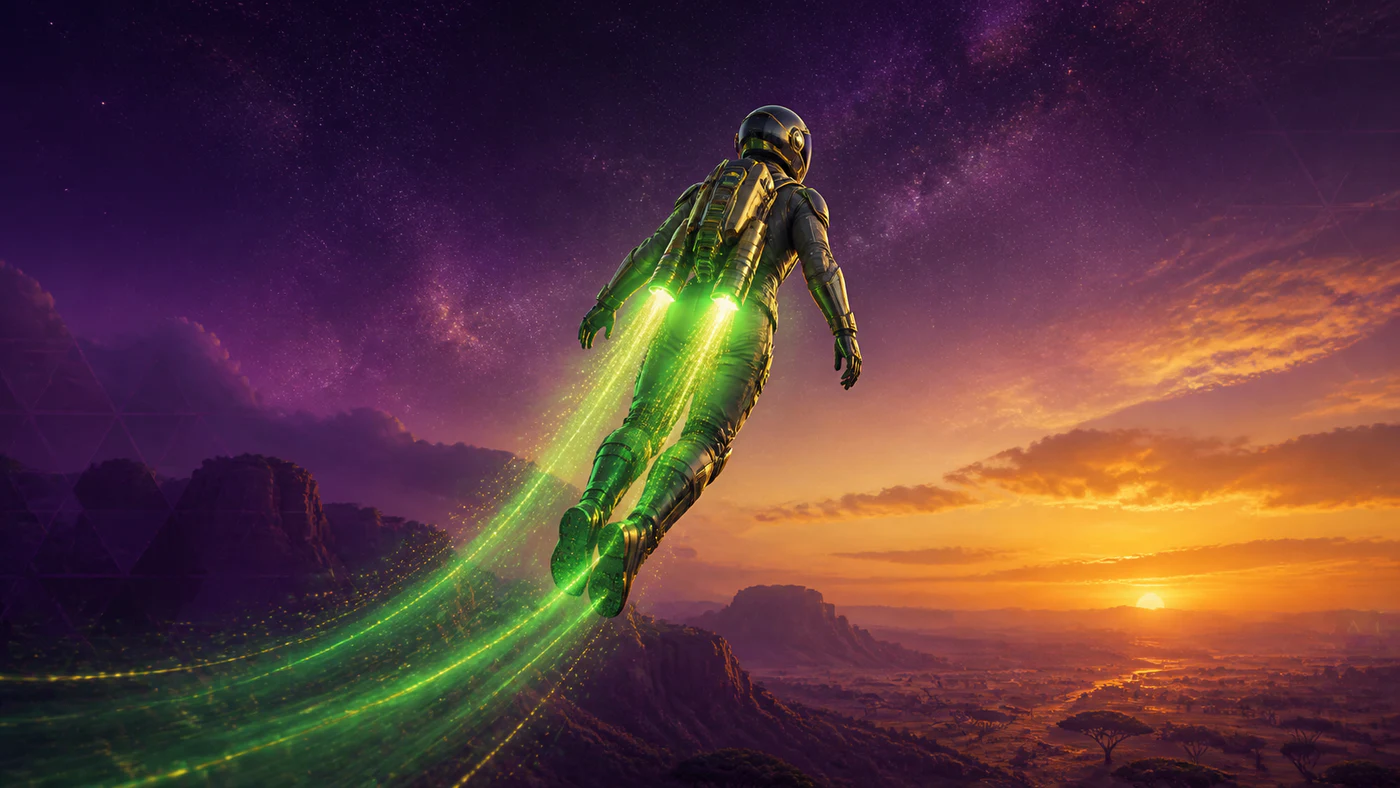 Jetpack pilot climbing through a bright evening sky
