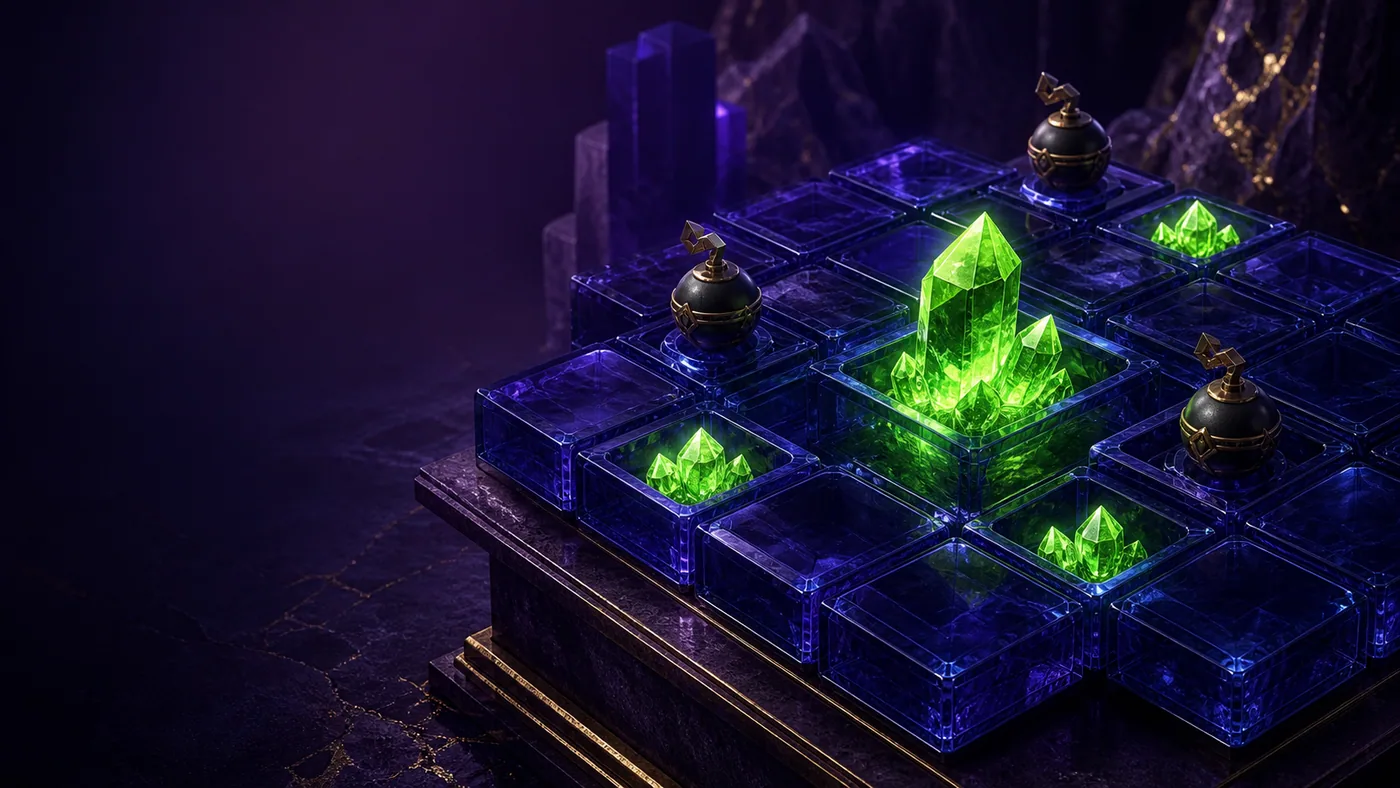 Sapphire game grid with glowing green crystals and dark mine pieces