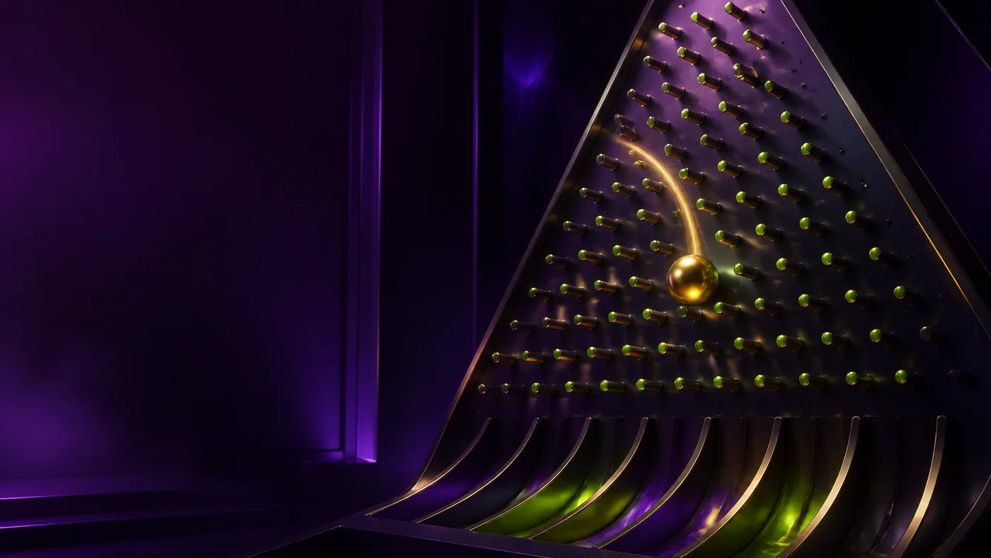Golden ball falling through a purple Plinko peg board