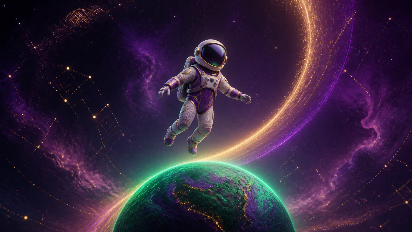 Astronaut floating above a glowing planet in violet space