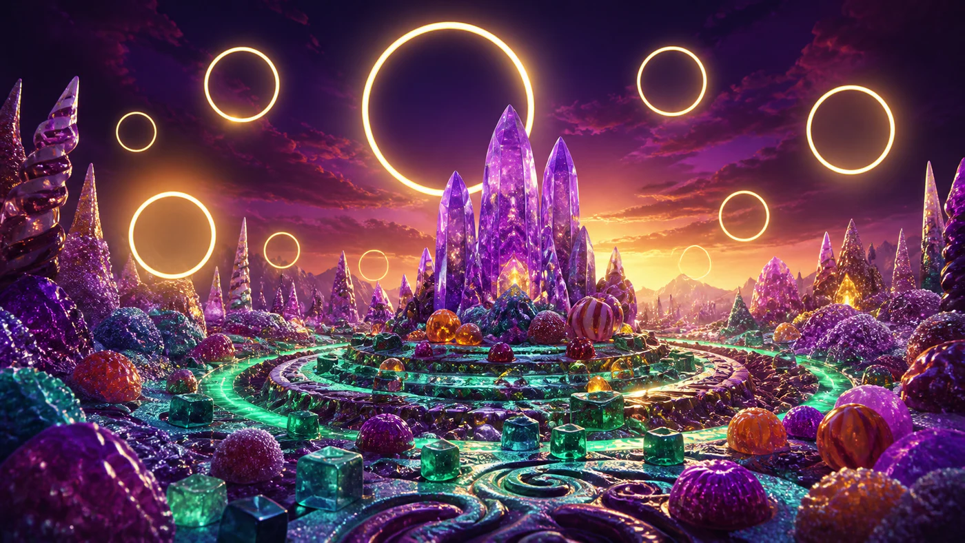 Colourful candy and crystal landscape with glowing multiplier rings