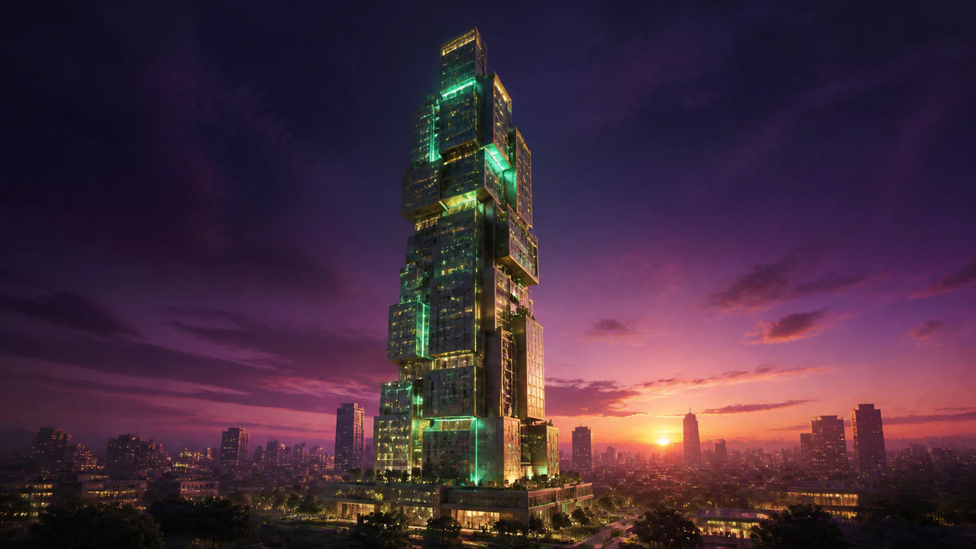 Neon tower floors rising above a city at dusk